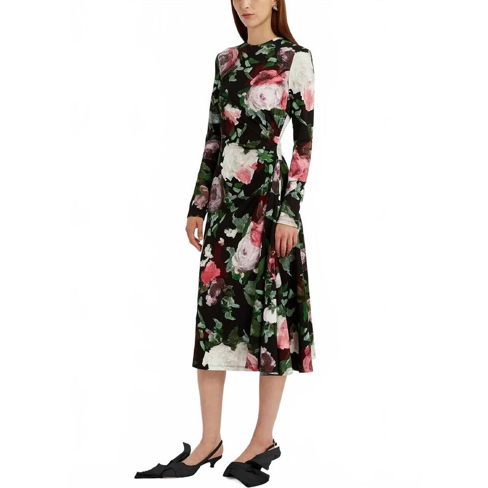 NEW ERDEM long sleeve draped midi dress in painted roses